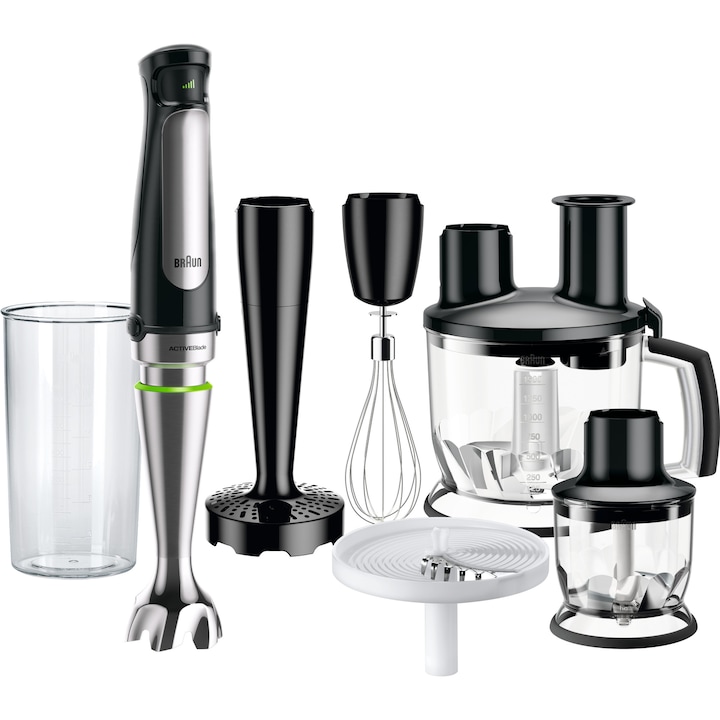 Reducere  RESIGILAT: Mixer vertical Braun MQ7087X, 1000 W, Pahar gradat 0.6 l, Procesor alimente 1.5l, Tocator 0.35l, Accesoriu piure, Tel, viteza variabila, Negru