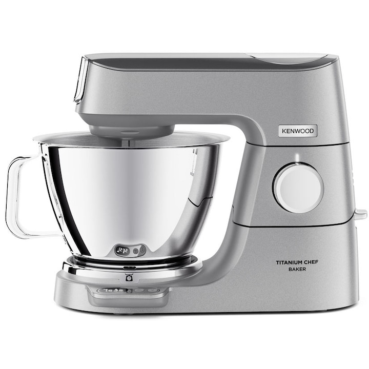 Reducere  RESIGILAT: Robot de bucatarie KENWOOD Titanium Chef Baker KVC85.594SI, 1200 W, 2 vase 5l/3.5 l, 10 trepte viteza, cantar integrat, ecran LCD, blender, masina tocat, procesor alimente, 4 accesorii patiserie, argintiu