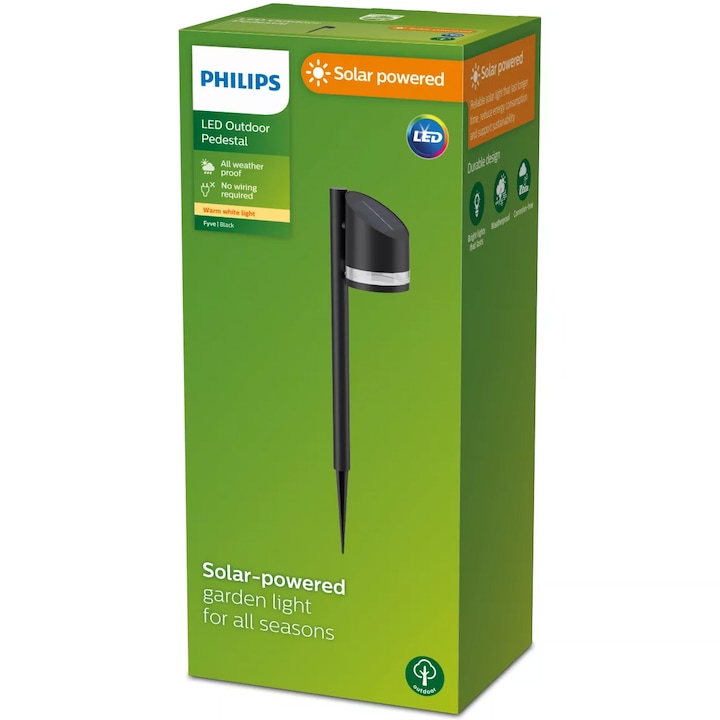 Reducere  RESIGILAT: Lampa solara Philips Fyve, 1.5W, 200 lm, lumina alba calda (2700K), IP44, 54 cm, Negru