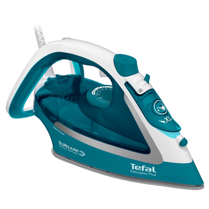 Reducere  RESIGILAT: Fier de calcat Tefal EasyGliss Plus FV5737E0, 2500W, jet de abur 220g/min, abur variabil 0- 45g/min, rezervor apa 270ml, talpa Durilium Airglide, oprire automata, turcoaz