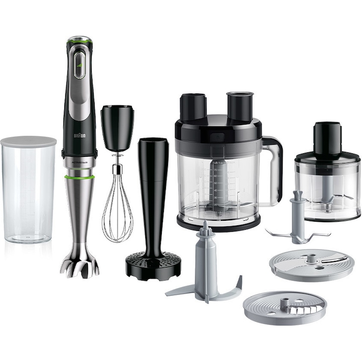 Reducere  RESIGILAT: Mixer vertical Braun MQ9187XLI, 1200 W, Pahar gradat 0.6 l, Tocator 0.5l, Procesor alimente 2l, Accesoriu piure, Tel, viteza variabila, Negru