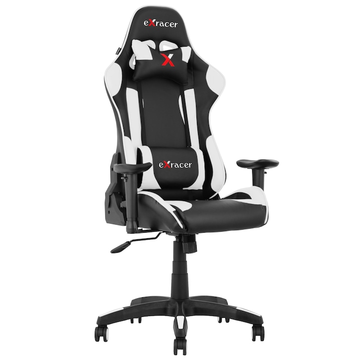 Reducere  RESIGILAT: Scaun gaming Kring Racer X, brate reglabile, suport cervical si lombar, PU, Alb/Negru