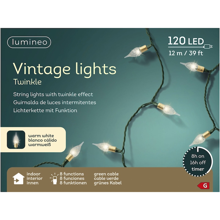 Reducere  RESIGILAT: Instalatie luminoasa 120 LED Vintage Candle Lumineo, 1200 cm, lumina alb cald, cablu verde inchis