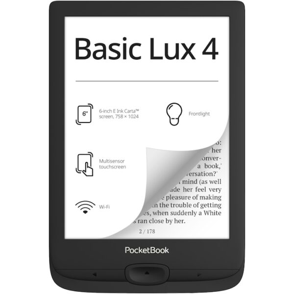 Reducere  RESIGILAT: eBook Reader PocketBook Basic Lux 4 PB618, ecran tactil 6.0″ E Ink Carta™ HD, 212dpi, 8GB+slot microSD, iluminare frontala, WiFi, Negru