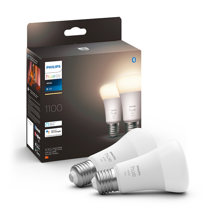 Reducere  RESIGILAT: Pachet 2 becuri LED inteligente Philips Hue, Bluetooth, Zigbee, A60, E27, 9.5W (75W), 1055, lumina alba calda (2700K), clasa energetica F