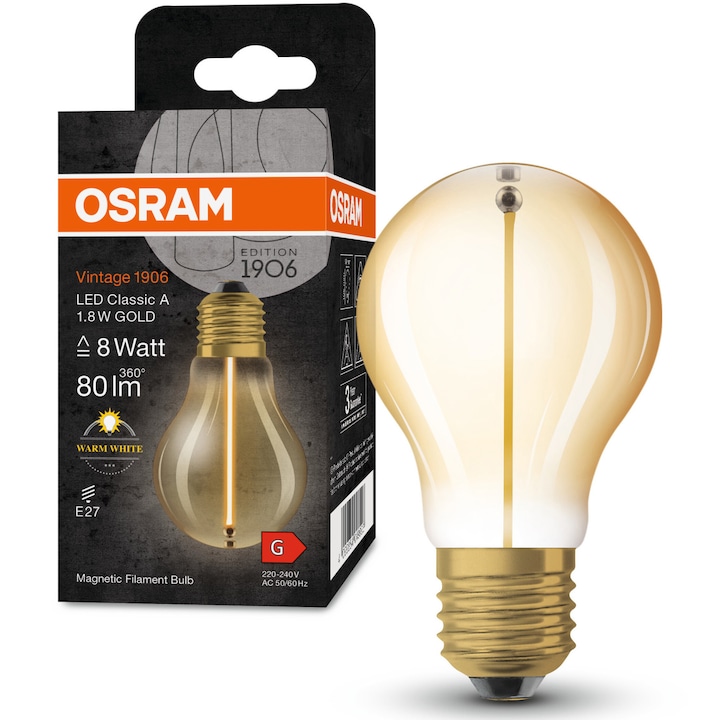 Reducere  RESIGILAT: Bec LED vintage (decorativ) OSRAM 1906 Gold glob, A10, filament magnetic, E27, 1.8W (8W), 80 lm, lumina calda (2700K), clasa energetica G