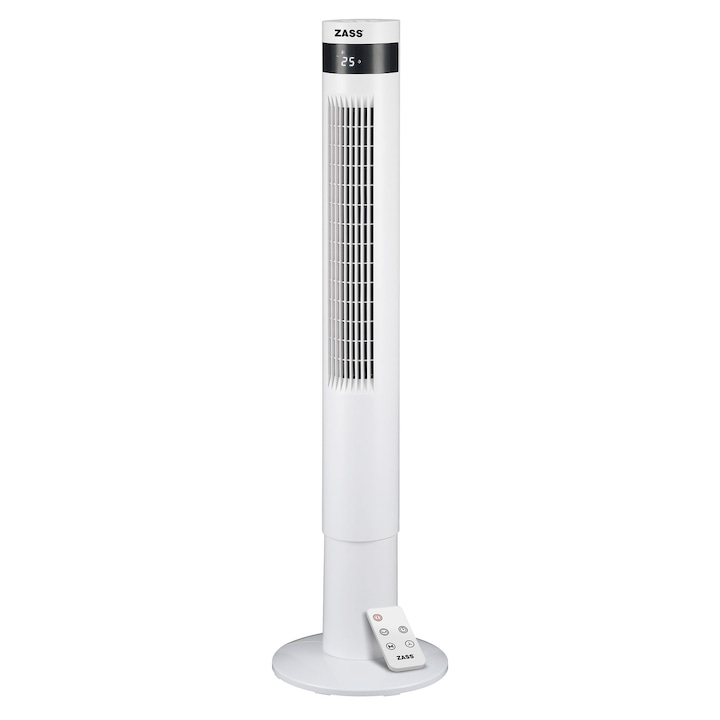 Reducere  RESIGILAT: Ventilator turn Zass ZTF 02, 3 trepete de viteza, Temporizator digital 12h, Afisaj LED temperatura ambient, 3 moduri de ventilare, Telecomanda, Alb