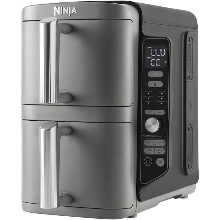 Reducere  RESIGILAT: Friteuza cu aer cald Ninja Double Stack XL, 2470 W, capacitate 9.5 litri, interval temperatura 40 – 240 °C, doua zone de gatit, 6 programe, gri