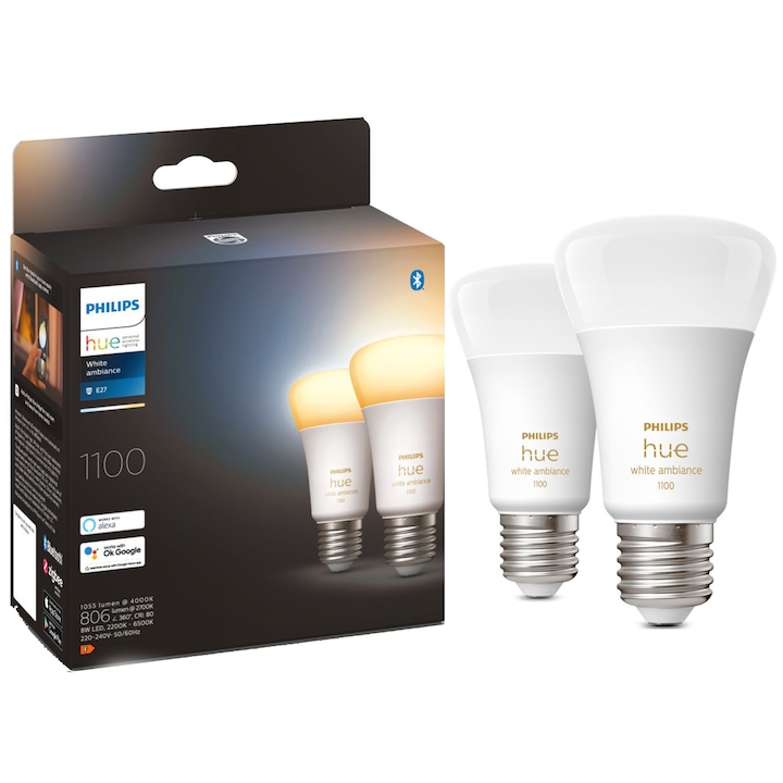 Reducere  RESIGILAT: Pachet 2 becuri LED inteligente Philips Hue, Bluetooth, Zigbee, A60, E27, 8W (75W), 800 lm, lumina alba (2200-6500K), clasa energetica F