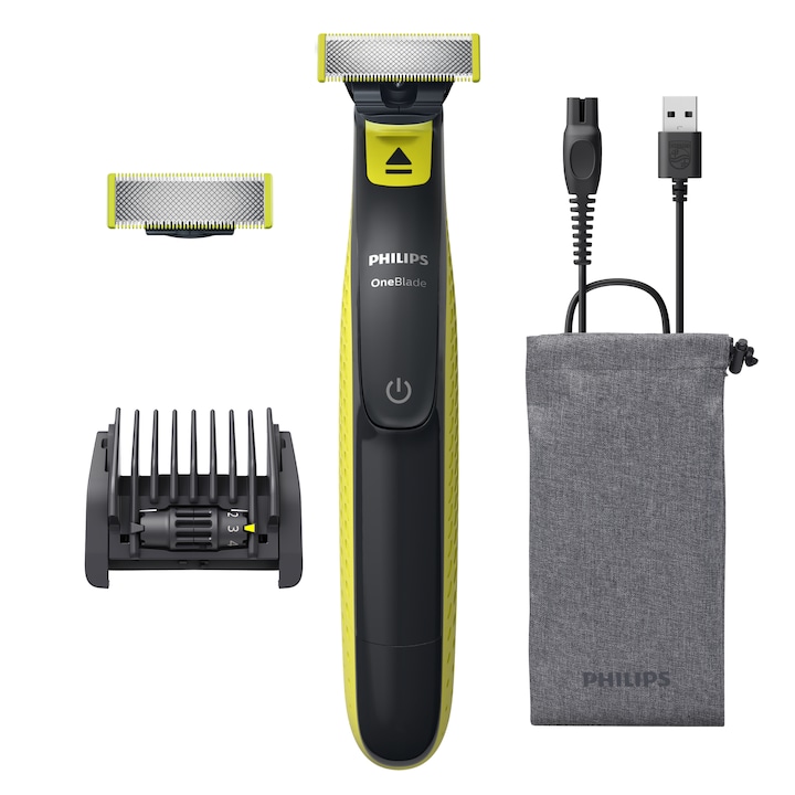 Reducere  RESIGILAT: Aparat hibrid de barbierit si tuns barba PHILIPS OneBlade QP2724/30, pieptene reglabil 5 in 1, reincarcabil, umed si uscat, 45 min, USB-A, husa, capac de protectie, lama inlocuibila suplimentara, Verde lime