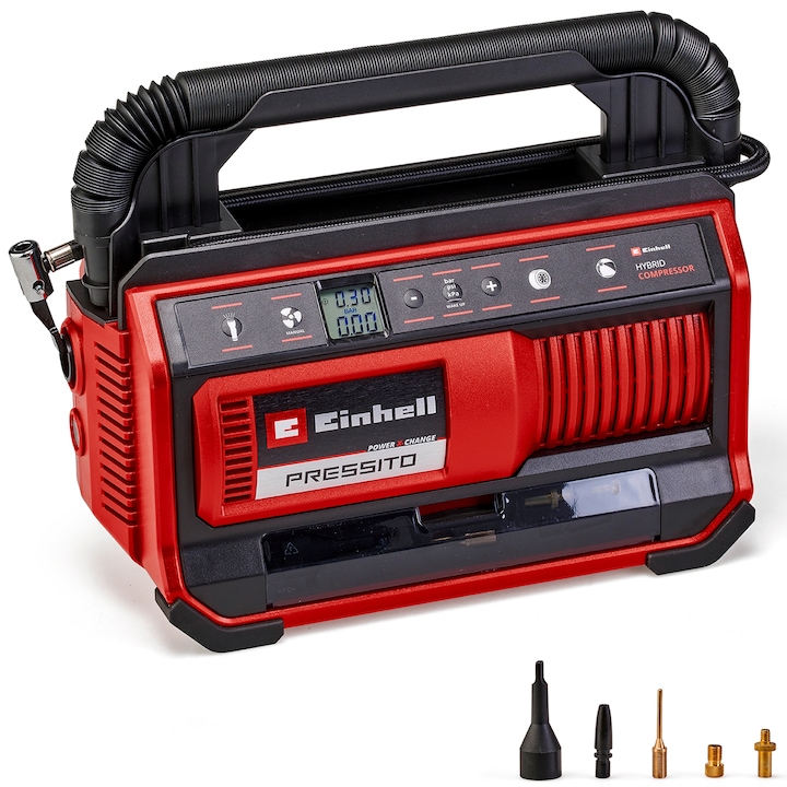 Reducere  RESIGILAT: Compresor hibrid Einhell PRESSITO 18/25 Hybrid Power X-Change, 18 V, functionare la cablu de alimentare sau acumulator, 11 bar presiune maxima, set adaptoare din 4 piese, 2 furtunuri, fara acumulator/incarcator