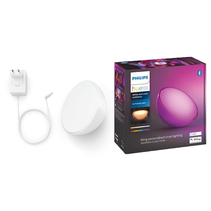 Reducere  RESIGILAT: Lampa portabila LED RGBW Philips HUE Go, Bluetooth/Wireless, 6W (43W), 520lm, lumina alba/color, Alb, clasa energetica G