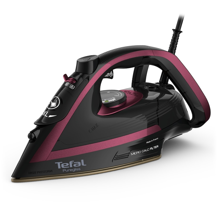 Reducere  RESIGILAT: Fier de calcat cu abur Tefal Puregliss FV8065E0, abur variabil 50 g/min, jet de abur 280 g/min, 3000 W, sistem Micro Calc Filter, negru & visiniu