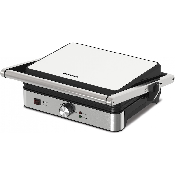 Reducere  RESIGILAT: Grill electric Heinner SunsetGrill HEG-K2000SS, 2000W, placi fixe cu invelis antiaderent, dimensiuni placi: 30 X 24.9 cm, temperatura reglabila, maner rece, deschidere 180˚, indicatoare luminoase „ON” și „gata de folosire”, tava colectare ulei, inox