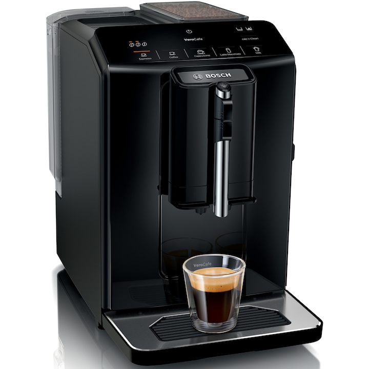 Reducere  RESIGILAT: Espressor automat Bosch VeroCafe TIE20129, 15 bari, 1,4 l, rasnita ceramica, dispozitiv spumare lapte MilkMagic Pro, sistem SensoFlow, negru