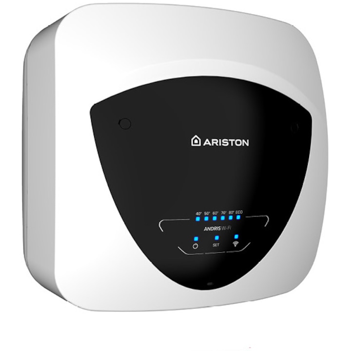 Reducere  RESIGILAT: Boiler electric Ariston Andris Elite WiFi 30/5 EU, 30l, 1500W, butoane soft touch, control vocal, clasa energetica A, Montare deasupra chiuvetei, 447x447x410mm, Alb