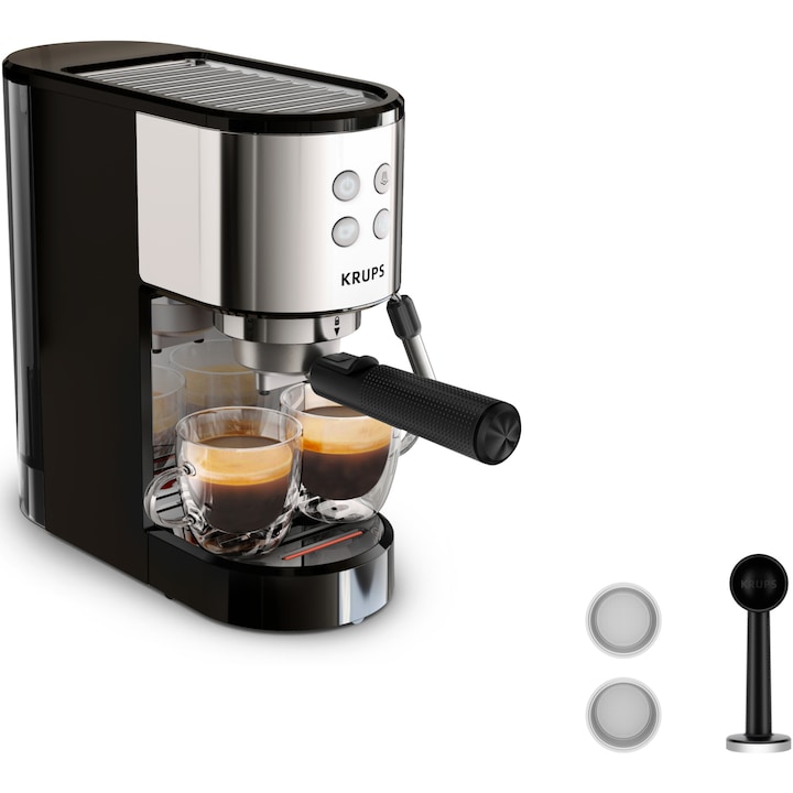 Reducere  RESIGILAT: Espressor manual Krups Virtuoso Essential XP441810, presiune 15 bari, rezervor apa 1L, sistem de spumare a laptelui, functie apa fierbinte, reglare temperatura, oprire automata, sistem ThermoBlock, design compact, negru & argintiu