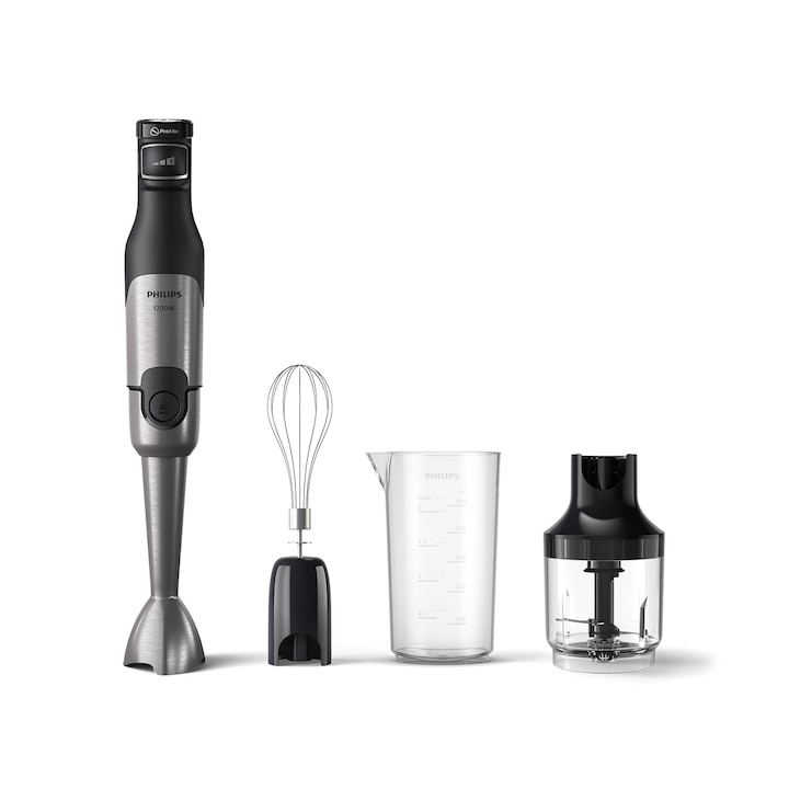 Reducere  RESIGILAT: Mixer vertical Philips HR2683/00 Seria 5000, 1200 W, Tehnologie SpeedTouch, Aparatoare impotriva stropirii pentru lama, Indicator de viteza cu LED, Accesorii tel si tocator, negru/argintiu