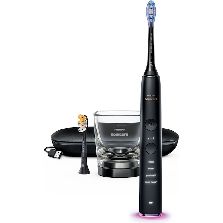 Reducere  RESIGILAT: Periuta de dinti sonica electrica Philips Sonicare DiamondClean 9000 HX9917/89, 62000 miscari/minut, 4 moduri de curatare, 3 nivele intensitate, senzor presiune, functia BrushSync, 2 baze de incarcare, 2 capete de periere, aplicatie Sonicare, Negru