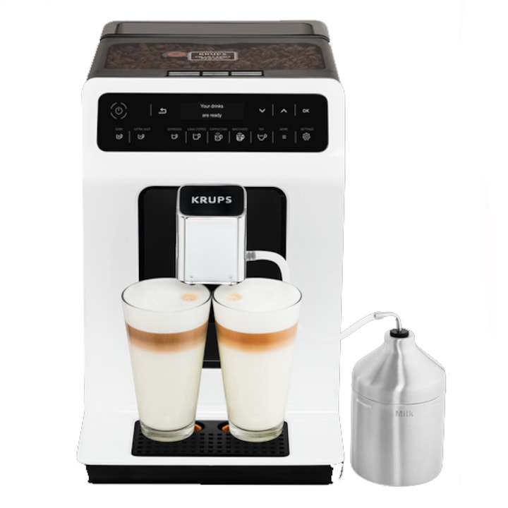 Reducere  RESIGILAT: Espressor Automat Krups Evidence EA891110 XS60000, 1450W, 15 bari, functie One-Touch Cappuccino, alb, display intuitiv, rezervor de apa de capacitate mare, Negru/Alb