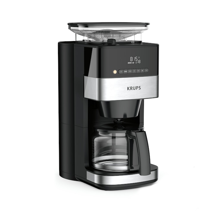 Reducere  RESIGILAT: Cafetiera Krups Grind&Brew KM832810, 1000W, 3 niveluri de intensitate, recipient apa 1.25L, recipient cafea 180 g, interfata cu ecran LED, functie pastrare la cald, oprire automata, rasnita de cafea metalica, cronometru, negru/argintiu