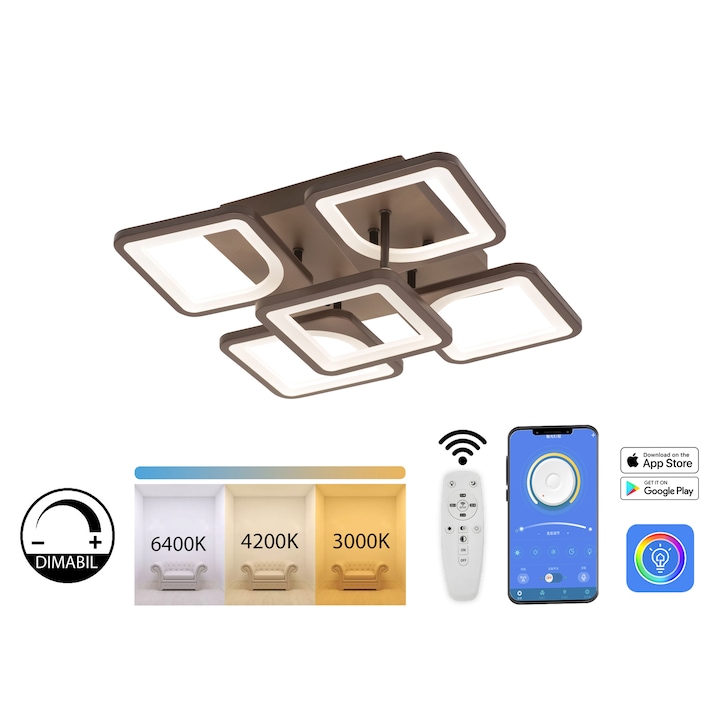 Reducere  RESIGILAT: Lustra LED Rhea Home Light RHL60829 4+1 SQ, telecomanda, dimabila,max.80W, temperatura lumina reglabila ( 2700-6500K), aplicatie telefon, cafea