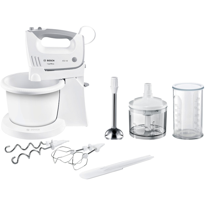 Reducere  RESIGILAT: Mixer cu bol Bosch Ergomixx MFQ36490, 450 W, 5 trepte de viteza+turbo, 2 spirale, 2 teluri, minitocator, vas gradat, picior blender, alb/ gri