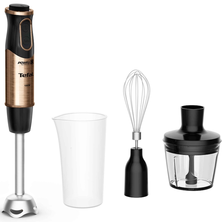 Reducere  RESIGILAT: Mixer vertical Tefal Quickchef Coppertinto 3 in 1 HB656G10, 1000W, 20 trepte viteza, tehnologie Powelix, picior din inox, pahar gradat 800 ml, tocator 500 ml, tel inclus, protectie antistropire, negru & maro