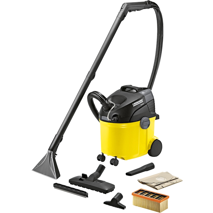 Reducere  RESIGILAT: Aspirator cu spalare Karcher SE 5100, Aspirare umeda si uscata, Rezervor apa curata 4 l, Rezervor apa murdara 4 l, Furtun 2 m, 1400 W, Sac filtru din hartie, Galben/Negru