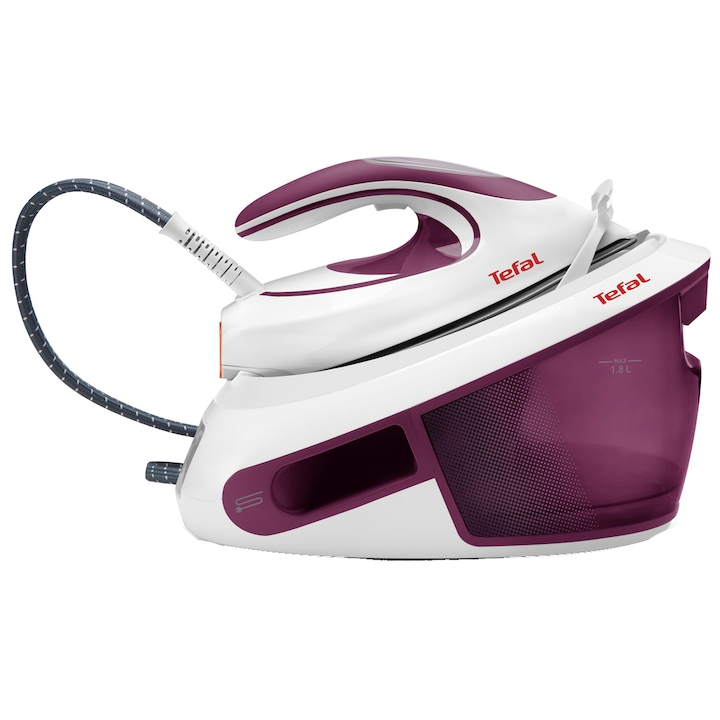 Reducere  RESIGILAT: Statie de calcat Tefal Express Anti-Calc SV8054E0, 2800W, 6.5 bari, jet de abur 420 g/ min, abur variabil 0-120g/min, talpa Durilium AirGlide, rezervor de apa 1.8 L, oprire automata, alb/violet