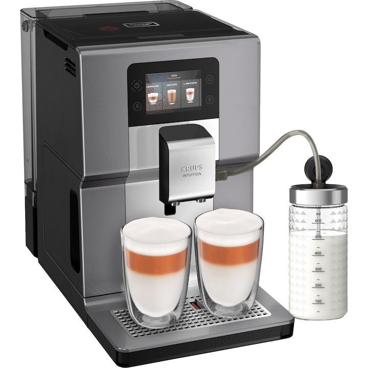 Reducere  RESIGILAT: Espressor automat Krups Intuition Preference+ EA875E10, 1450W, Accesoriu pentru spumarea laptelui, 15 bauturi, Ecran tactil, Tehnologie Quattro Force, Retete favorite, Argintiu