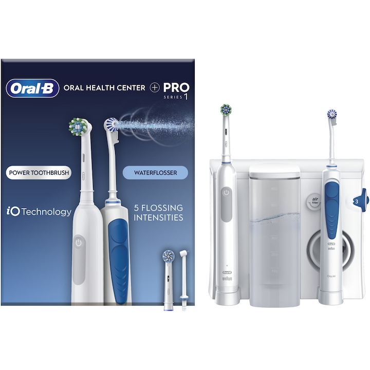 Reducere  RESIGILAT: Set irigator bucal Oral-B Oral Health Center + Periuta de dinti electrica Pro Series 1, 5 program de presiune, 1 duza Oxyjet, 1 duza cu jet de apa, Curatare 3D, 2 capete, Alb