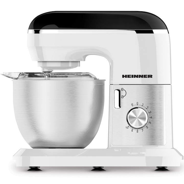 Reducere  RESIGILAT: Mixer planetar Heinner HPM-1300WHBK, 1000W, bol inox: 5L, 10 viteze + Pulse, tel, carlig framantare, paleta, capac transparent protectie, Alb