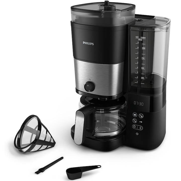 Reducere  RESIGILAT: Cafetiera Philips HD7900/50 All-in-1 Brew, rasnita integrata, Recipient dublu pentru boabe de cafea, Filtru permanent, Functie anti-picurare, Afisaj LED,Rezervor de apa detasabil, Lingura de dozare