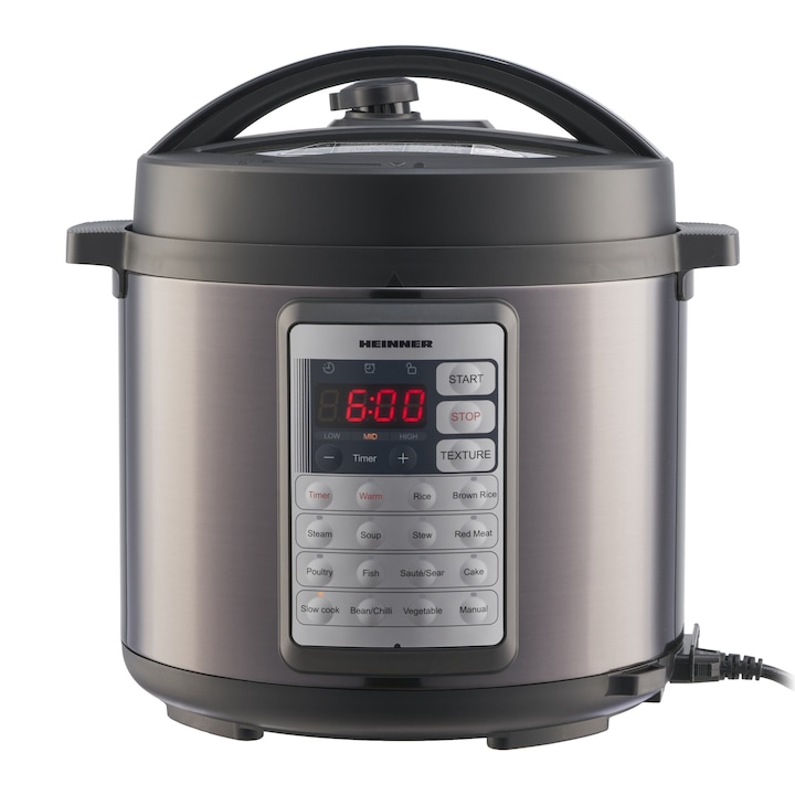 Reducere  RESIGILAT: Multicooker cu gatire sub presiune Heinner Alacarte 38BK HPCK-38BK, 1000W, 3.8L, 14 programe, gatire sub presiune, presiune maxima 80 kPa (0.8 bar), afisaj LED, Negru/Inox