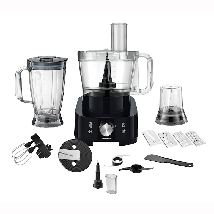 Reducere  RESIGILAT: Robot de bucatarie Heinner Cookery Chef HFP-1000BK, 1000W, blender si rasnita incluse, capacitate bol 3.5L, capacitate blender 1.8L, 2 viteze + Pulse, cutit inox, negru