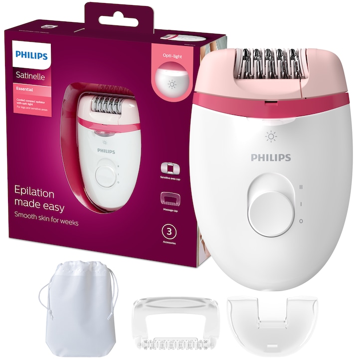 Reducere  RESIGILAT: Epilator Philips Satinelle BRE255/00, 2 viteze, Opti-light, cap de epilare lavabil, 3 accesorii, Alb