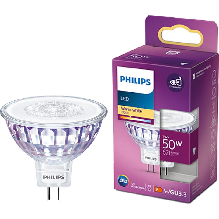 Reducere  RESIGILAT: Bec LED spot Philips GU5.3, 7W (50W), 621 lm, lumina alba calda (2700K), clasa energetica F