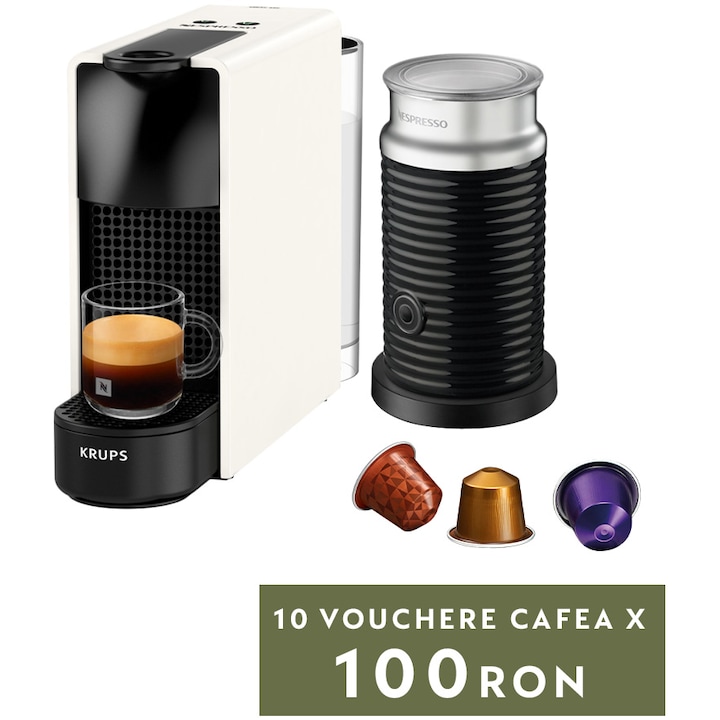 Reducere  RESIGILAT: Pachet Espressor Nespreso by Krups Essenza Mini XN110110, 1100 W, 19 bar, 0.6 L, Alb + Aparat spumare lapte Aeroccino 3, 1450 W, Negru, + set capsule degustare