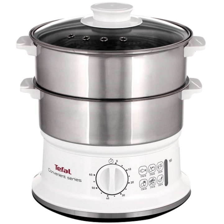 Reducere  RESIGILAT: Aparat de gatit cu aburi Tefal VC145130, 900W, 6 L, timer de 60 de minute cu oprire automata, compatibil cu masina de spalat vase, nivel de apa vizibil, accesoriu pentru orez, alb/inox