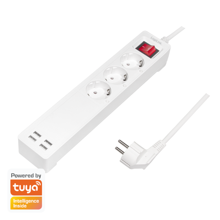 Reducere  RESIGILAT: Prelungitor inteligent LogiLink SH0103, Wi-Fi, cu intrerupator, 3 prize, 4x USB-A 5 V/2.1 A (max. 10.5 W), protectie supracurent/supratensiune, IP20, compatibil TUYA, H05VV-F 3G 1.5 mm², cordon 1.7m, Alb