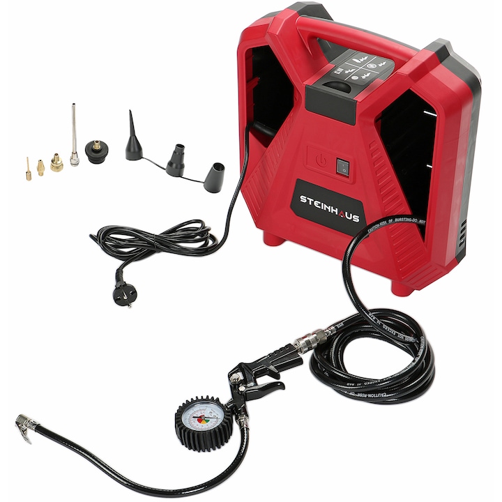 Reducere  RESIGILAT: Compresor aer fara ulei Steinhaus Start, cu piston 1100W, 8bar, 180l/min, 9 accesorii