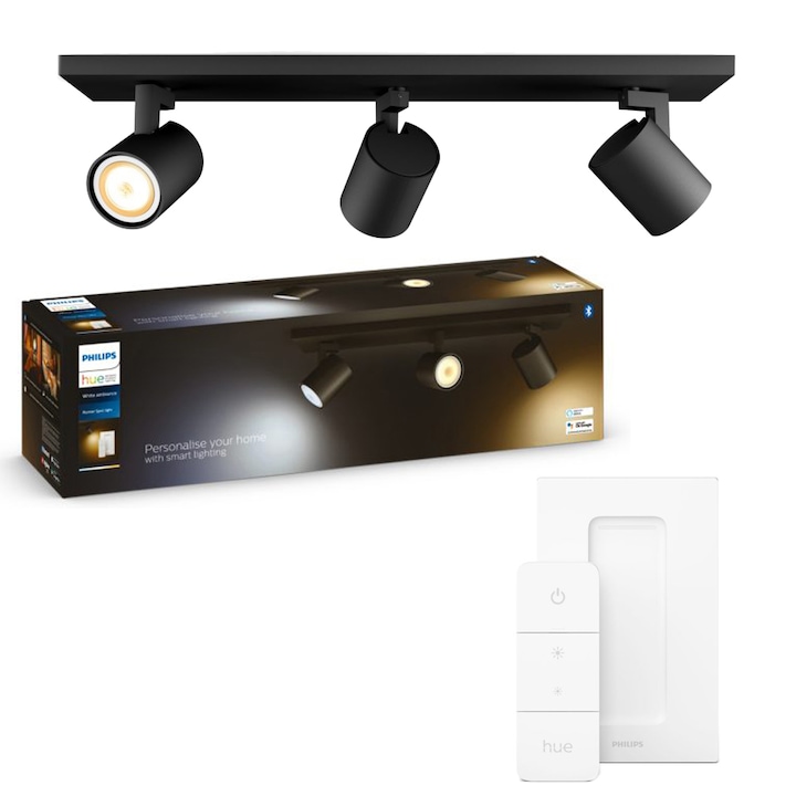 Reducere  RESIGILAT: Spot luminos inteligent triplu Philips Hue Runner, Bluetooth, ZigBee Light Link, 3xGU10, 15W, 1050 lm, lumina ambianta alba (2200-6500K), Metal, Negru, Intrerupator cu variator inclus, clasa energetica G