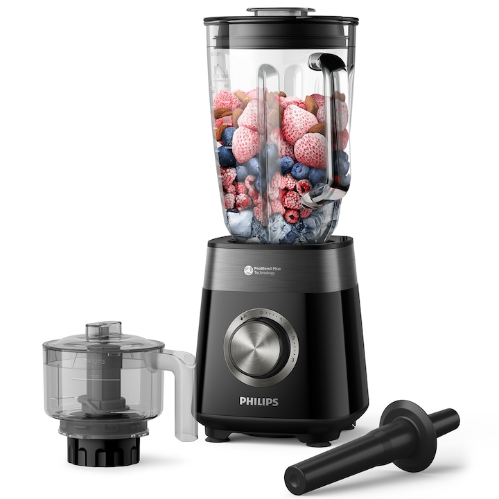 Reducere  RESIGILAT: Blender Philips HR3032/00 Seria 5000, 1200 W, Lame noi ProBlend Plus, Vas din sticla cu nervuri, 3 viteze plus Impuls, Lame detasabile, capacitate 2 litri, Accesoriu tocator, Negru