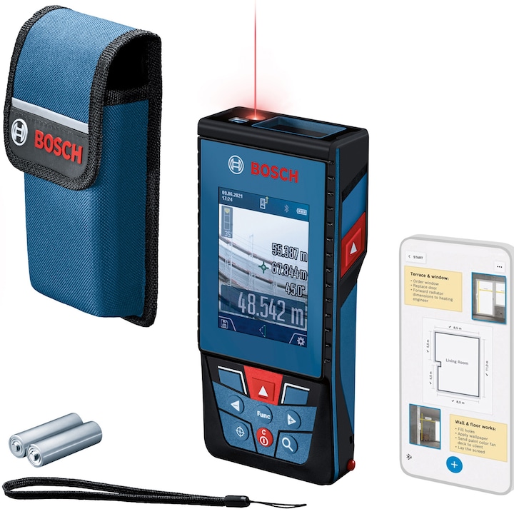 Reducere  RESIGILAT: Telemetru laser Bosch 0601072Y00, 100 m domeniu maxim masurare, +/-1.5 mm/m precizie, 50 valori memorate, Bluetooth, curea mana, geanta protectie