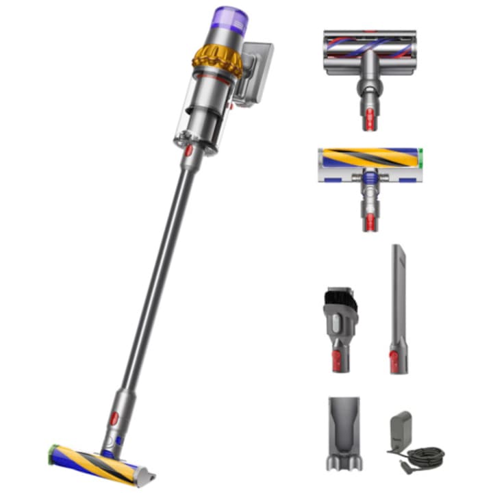 Reducere  RESIGILAT: Aspirator vertical Dyson V15 Detect Absolute 2023 cu iluminare , 660 W, ecran LCD, 0.77l, autonomie 60 min, galben/nichel