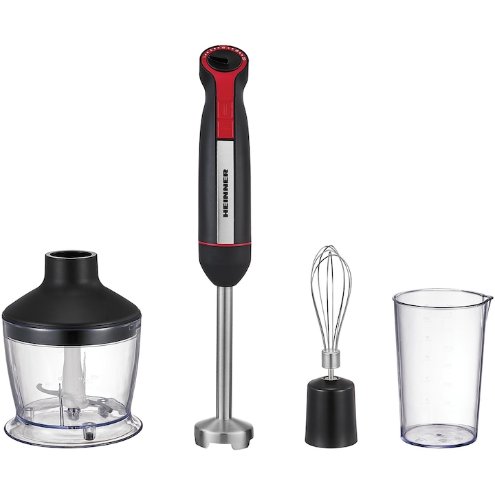 Reducere  RESIGILAT: Mixer vertical Heinner HHB-DC1200BKRD, 1200w, motor DC, viteza variabila + turbo, picior blender inox, lame inox, accesorii: tel, tocator (500ml), cana mixat (600ml), negru/rosu