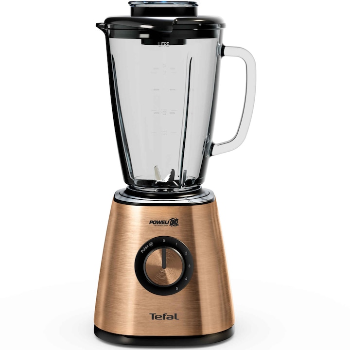 Reducere  RESIGILAT: Blender Tefal Blendforce Coppertinto BL439G10, 800W, 1.25L, 6 lame Powelix detasabile, 5 trepte de viteza, functie Pulse, functie zdrobire gheata, recipient din sticla termorezistenta, Tehnologie Powelix, negru & maro