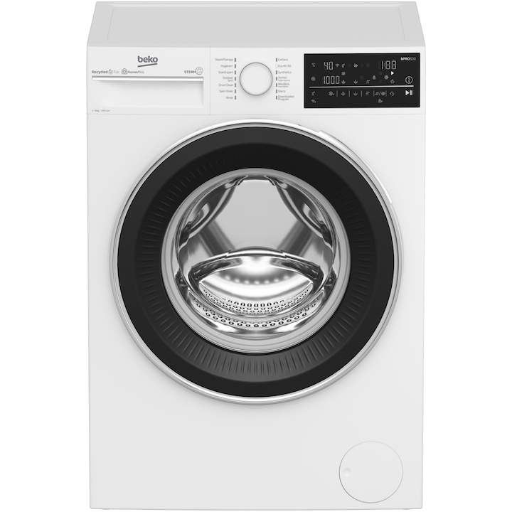 Reducere  RESIGILAT: Masina de spalat rufe Beko B5WFT89415WW, 9 kg, 1400 rpm, Clasa A, SteamTherapy, Recycled Tub, ProSmart Inverter Motor, Homewhiz through WiFi and Bluetooth, AddXtra, Remote Control, WiFi, Alb