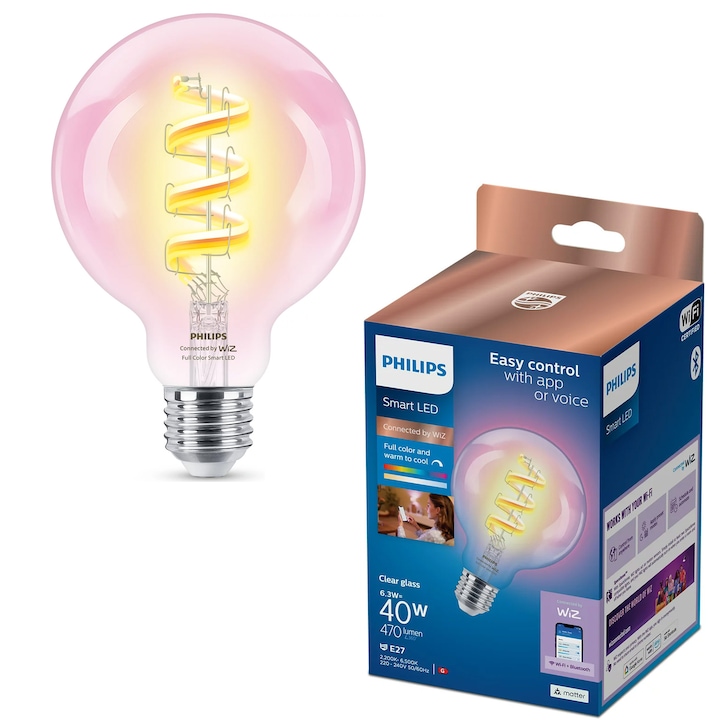 Reducere  RESIGILAT: Bec LED RGB inteligent Philips Smart G95, Wi-Fi/Bluetooth, E27, 6.3W (40W), 470lm, lumina alba si colorata (2200-6500K), clasa energetica G, transparent